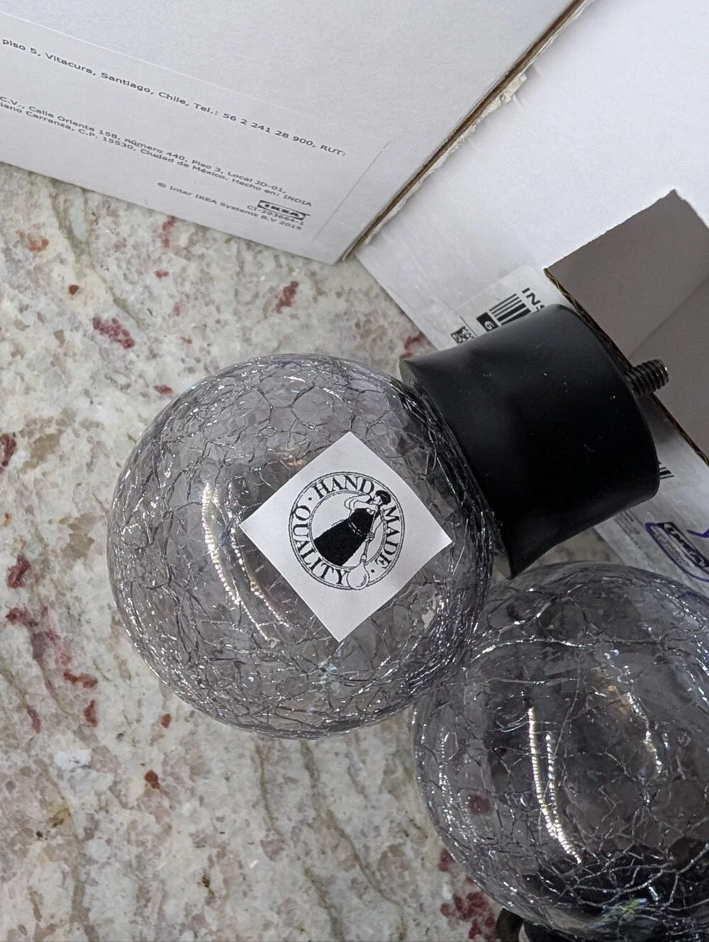 IKEA INSEKTSMAL Home Curtain Rod Finials Crackle Glass Black 2 Pack Ball NEW